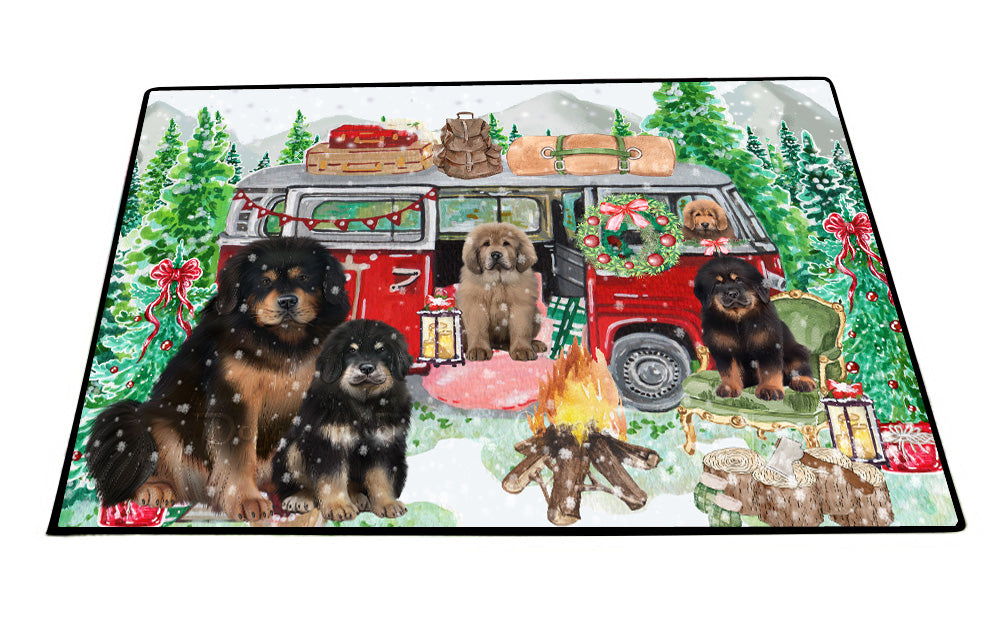 Christmas Time Camping with Tibetan Mastiff Dogs Floor Mat- Anti-Slip Pet Door Mat Indoor Outdoor Front Rug Mats for Home Outside Entrance Pets Portrait Unique Rug Washable Premium Quality Mat