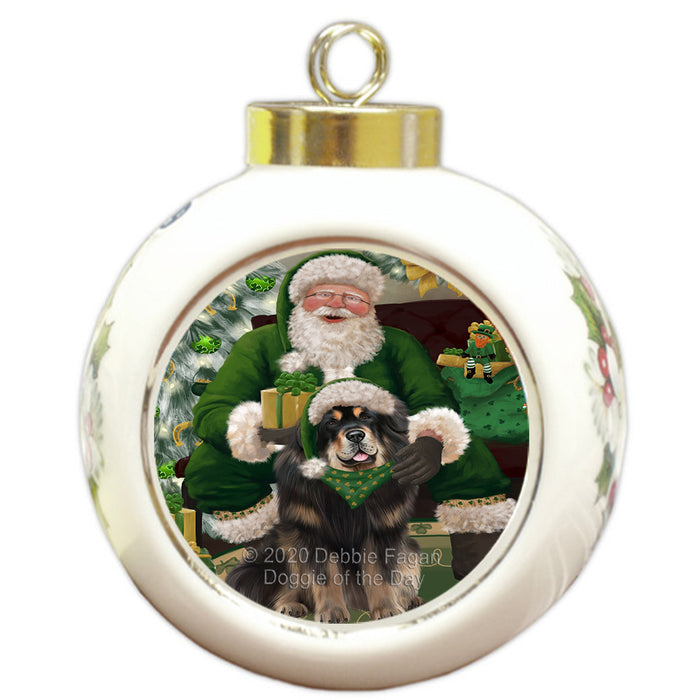 Christmas Irish Santa with Gift and Tibetan Mastiff Dog Round Ball Christmas Ornament RBPOR57973
