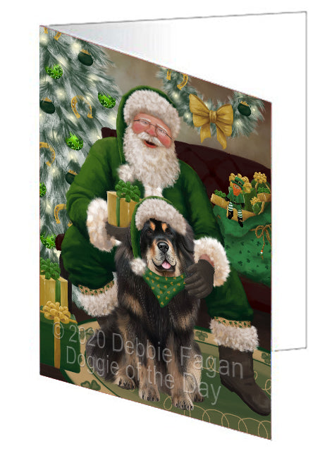 Christmas Irish Santa with Gift and Tibetan Mastiff Dog Handmade Artwork Assorted Pets Greeting Cards and Note Cards with Envelopes for All Occasions and Holiday Seasons GCD75989