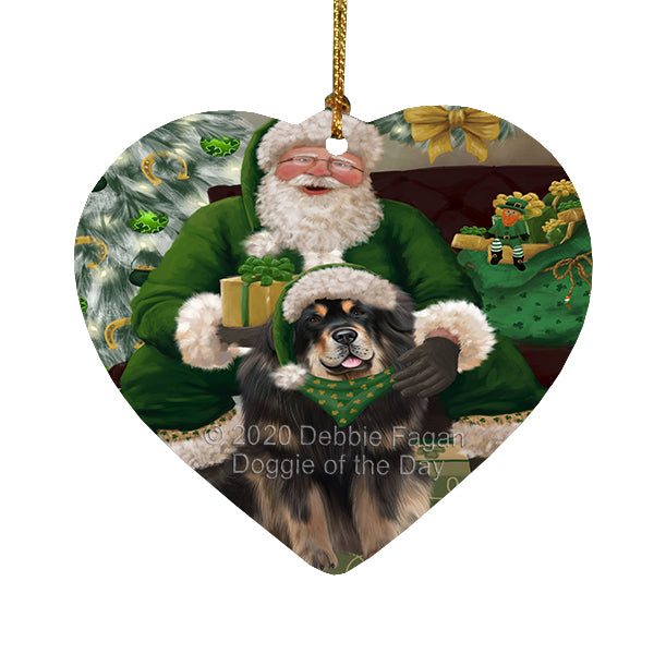 Christmas Irish Santa with Gift and Tibetan Mastiff Dog Heart Christmas Ornament RFPOR58315