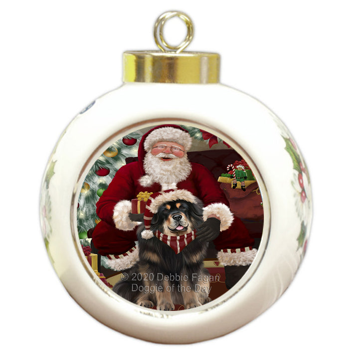 Santa's Christmas Surprise Tibetan Mastiff Dog Round Ball Christmas Ornament RBPOR58071