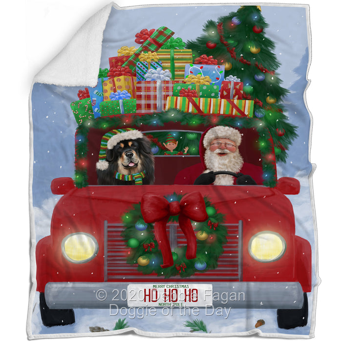 Christmas Honk Honk Red Truck Here Comes with Santa and Tibetan Mastiff Dog Blanket BLNKT141083