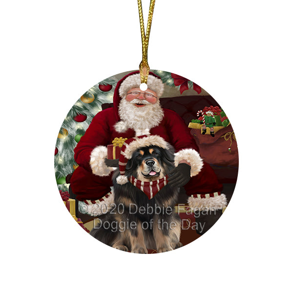 Santa's Christmas Surprise Tibetan Mastiff Dog Round Flat Christmas Ornament RFPOR58071