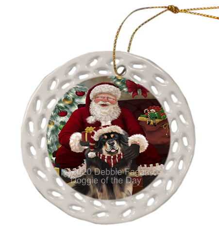 Santa's Christmas Surprise Tibetan Mastiff Dog Doily Ornament DPOR59633