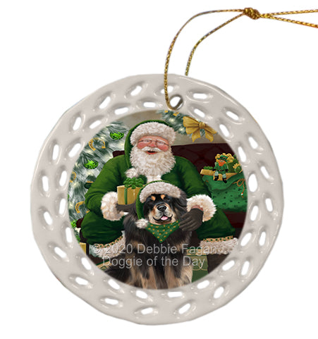 Christmas Irish Santa with Gift and Tibetan Mastiff Dog Doily Ornament DPOR59535