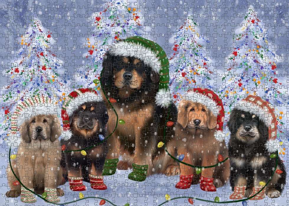 Christmas Lights and Tibetan Mastiff Dogs Portrait Jigsaw Puzzle for Adults Animal Interlocking Puzzle Game Unique Gift for Dog Lover's with Metal Tin Box