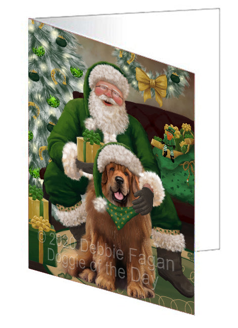 Christmas Irish Santa with Gift and Tibetan Mastiff Dog Handmade Artwork Assorted Pets Greeting Cards and Note Cards with Envelopes for All Occasions and Holiday Seasons GCD75992