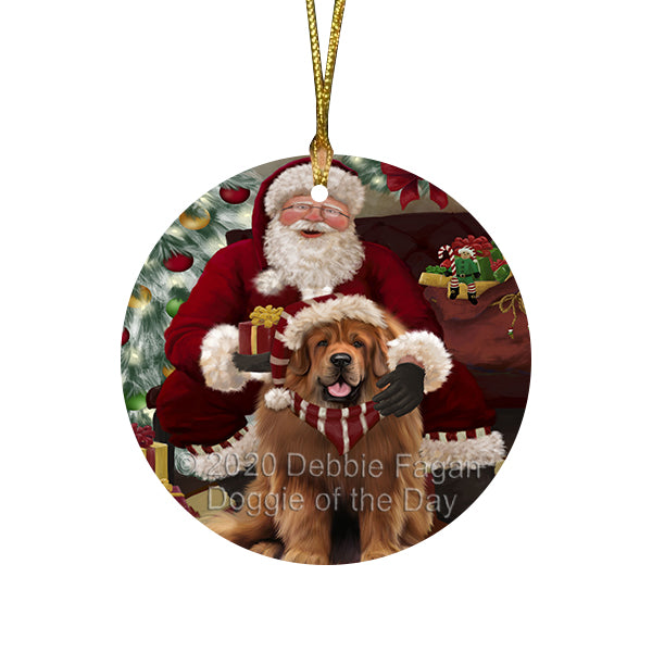 Santa's Christmas Surprise Tibetan Mastiff Dog Round Flat Christmas Ornament RFPOR58072