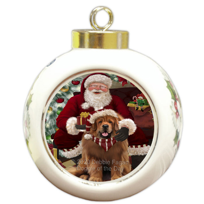 Santa's Christmas Surprise Tibetan Mastiff Dog Round Ball Christmas Ornament RBPOR58072