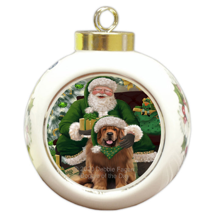 Christmas Irish Santa with Gift and Tibetan Mastiff Dog Round Ball Christmas Ornament RBPOR57974