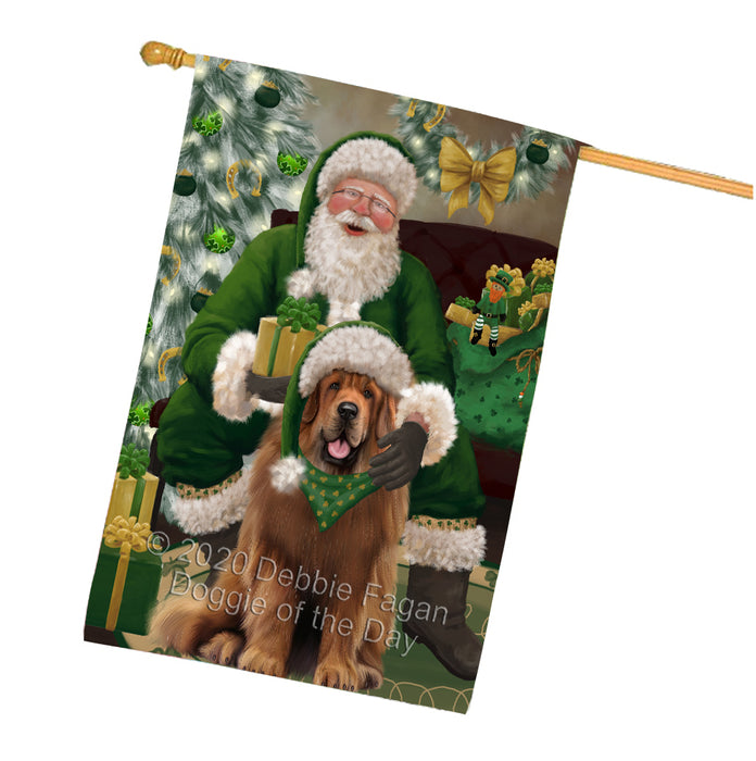 Christmas Irish Santa with Gift and Tibetan Mastiff Dog House Flag FLG66746