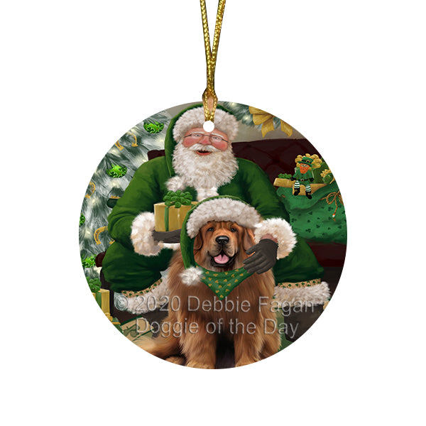 Christmas Irish Santa with Gift and Tibetan Mastiff Dog Round Flat Christmas Ornament RFPOR57974