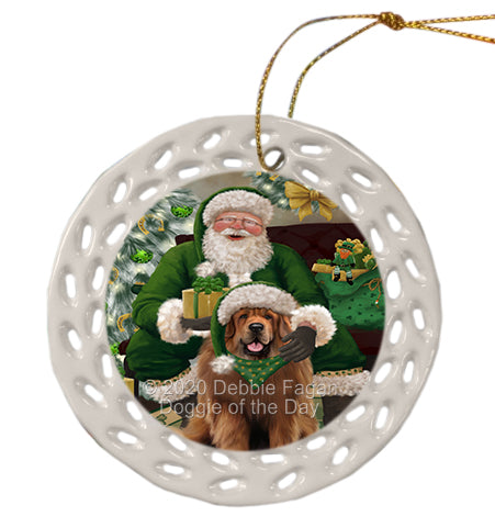 Christmas Irish Santa with Gift and Tibetan Mastiff Dog Doily Ornament DPOR59536