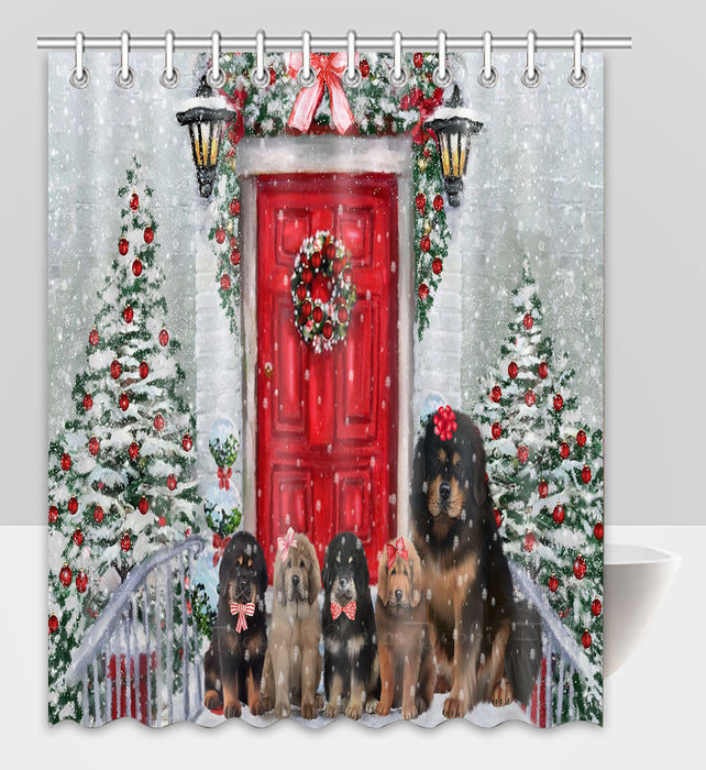 Christmas Holiday Welcome Tibetan Mastiff Dogs Shower Curtain Pet Painting Bathtub Curtain Waterproof Polyester One-Side Printing Decor Bath Tub Curtain for Bathroom with Hooks