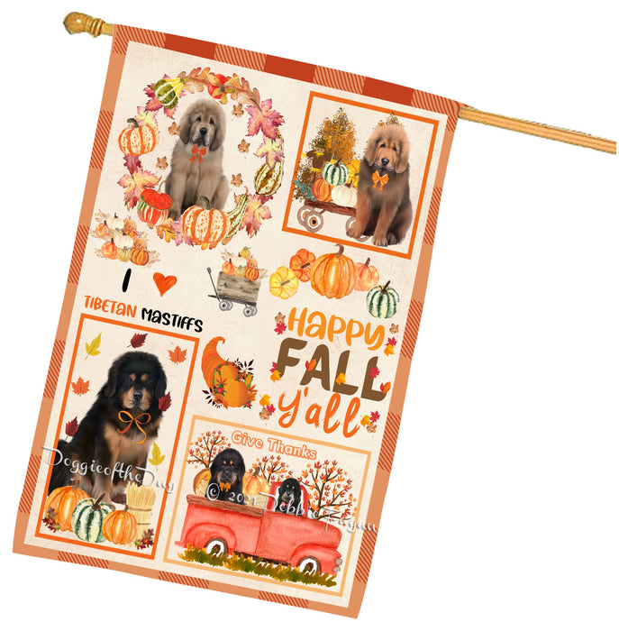 Happy Fall Y'all Pumpkin Tibetan Mastiff Dogs House Flag Outdoor Decorative Double Sided Pet Portrait Weather Resistant Premium Quality Animal Printed Home Decorative Flags 100% Polyester
