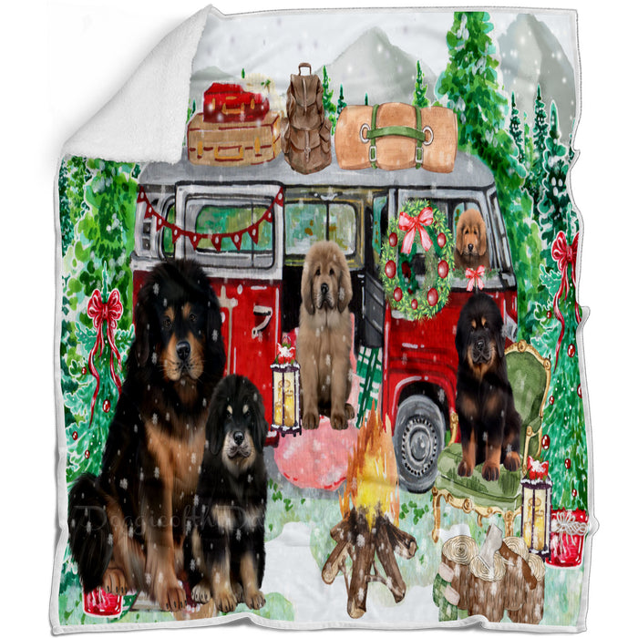 Christmas Time Camping with Tibetan Mastiff Dogs Blanket - Lightweight Soft Cozy and Durable Bed Blanket - Animal Theme Fuzzy Blanket for Sofa Couch