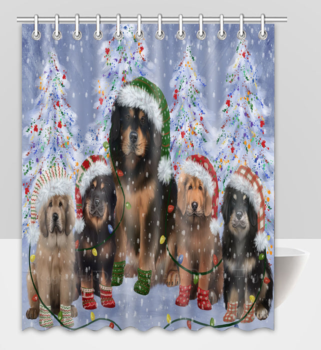 Christmas Lights and Tibetan Mastiff Dogs Shower Curtain Pet Painting Bathtub Curtain Waterproof Polyester One-Side Printing Decor Bath Tub Curtain for Bathroom with Hooks