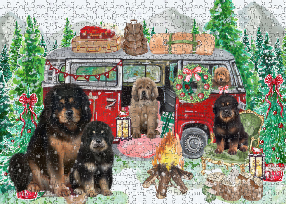 Christmas Time Camping with Tibetan Mastiff Dogs Portrait Jigsaw Puzzle for Adults Animal Interlocking Puzzle Game Unique Gift for Dog Lover's with Metal Tin Box