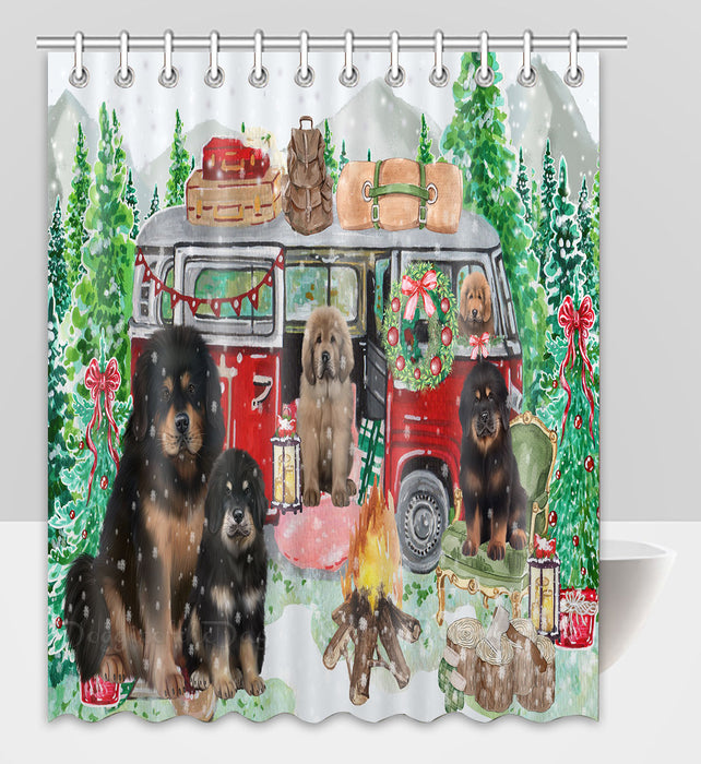 Christmas Time Camping with Tibetan Mastiff Dogs Shower Curtain Pet Painting Bathtub Curtain Waterproof Polyester One-Side Printing Decor Bath Tub Curtain for Bathroom with Hooks