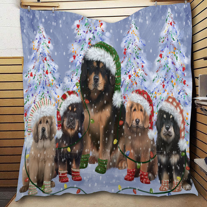 Christmas Lights and Tibetan Mastiff Dogs  Quilt Bed Coverlet Bedspread - Pets Comforter Unique One-side Animal Printing - Soft Lightweight Durable Washable Polyester Quilt