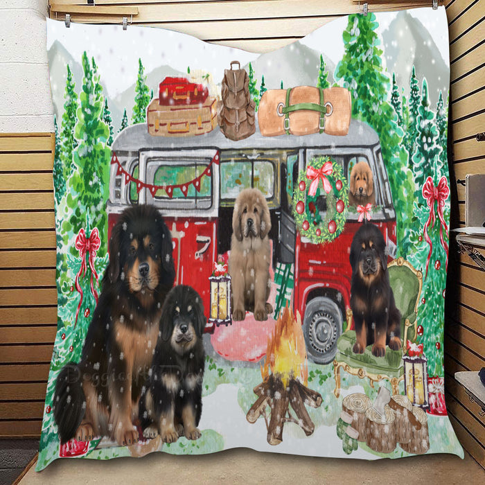 Christmas Time Camping with Tibetan Mastiff Dogs  Quilt Bed Coverlet Bedspread - Pets Comforter Unique One-side Animal Printing - Soft Lightweight Durable Washable Polyester Quilt