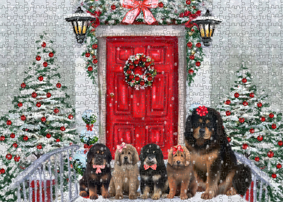 Christmas Holiday Welcome Tibetan Mastiff Dogs Portrait Jigsaw Puzzle for Adults Animal Interlocking Puzzle Game Unique Gift for Dog Lover's with Metal Tin Box