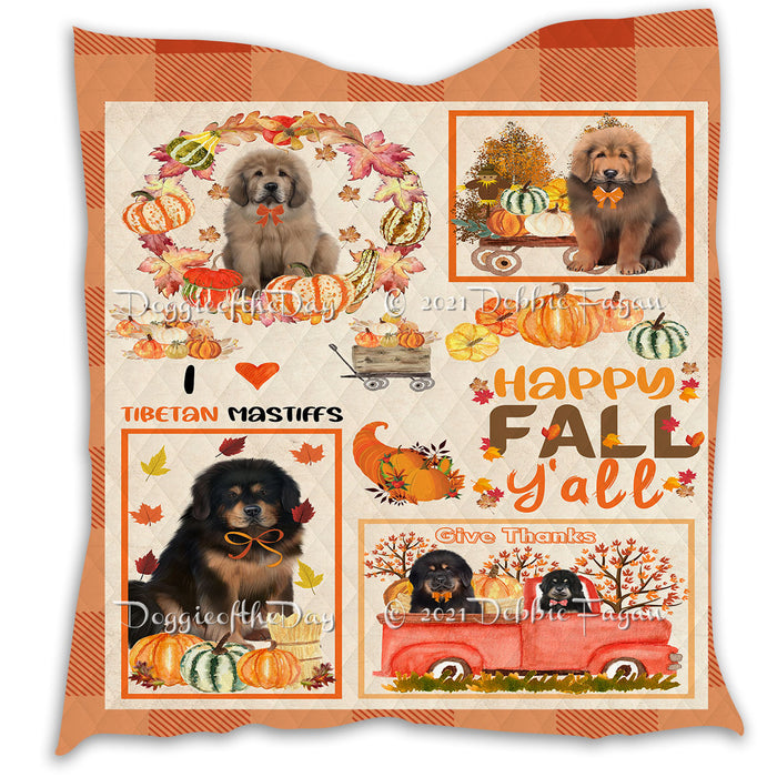Happy Fall Y'all Pumpkin Tibetan Mastiff Dogs Quilt Bed Coverlet Bedspread - Pets Comforter Unique One-side Animal Printing - Soft Lightweight Durable Washable Polyester Quilt