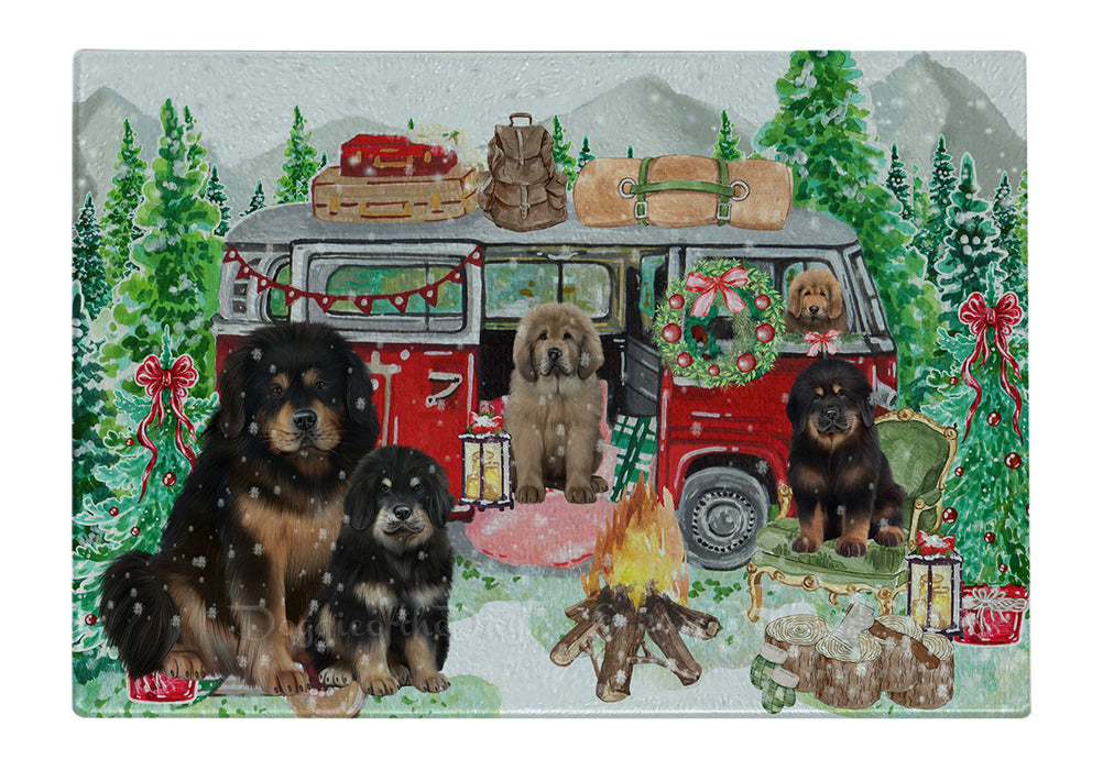 Christmas Time Camping with Tibetan Mastiff Dogs Cutting Board - For Kitchen - Scratch & Stain Resistant - Designed To Stay In Place - Easy To Clean By Hand - Perfect for Chopping Meats, Vegetables