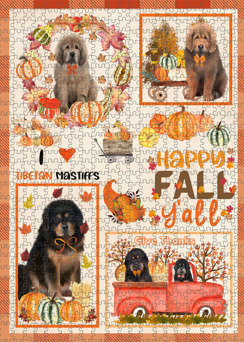 Happy Fall Y'all Pumpkin Tibetan Mastiff Dogs Portrait Jigsaw Puzzle for Adults Animal Interlocking Puzzle Game Unique Gift for Dog Lover's with Metal Tin Box
