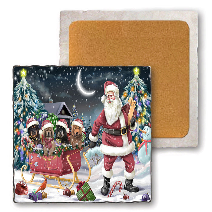 Santa Sled Christmas Happy Holidays Tibetan Mastiffs Dog Set of 4 Natural Stone Marble Tile Coasters MCST49382