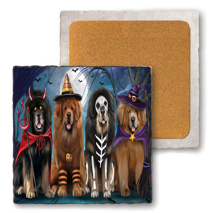 Happy Halloween Trick or Treat Tibetan Mastiffs Dog Set of 4 Natural Stone Marble Tile Coasters MCST49488