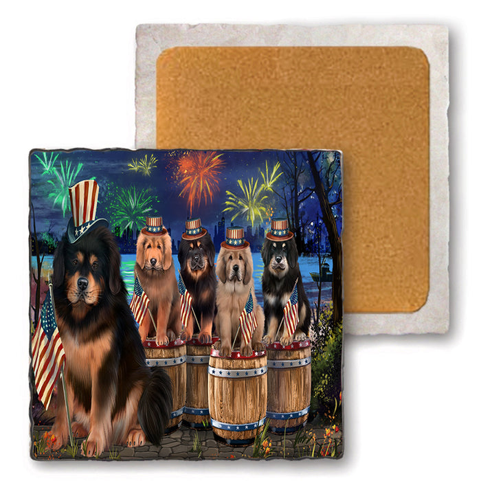 4th of July Independence Day Firework Tibetan Mastiffs Dog Set of 4 Natural Stone Marble Tile Coasters MCST49119