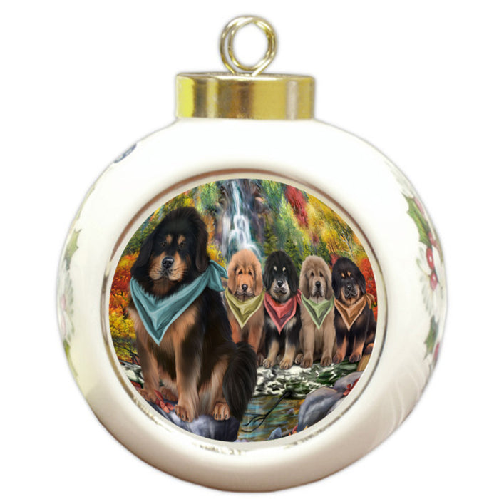 Scenic Waterfall Tibetan Mastiffs Dog Round Ball Christmas Ornament RBPOR54822