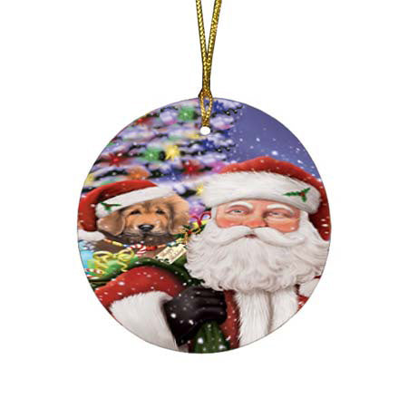 Santa Carrying Tibetan Mastiff Dog and Christmas Presents Round Flat Christmas Ornament RFPOR55897