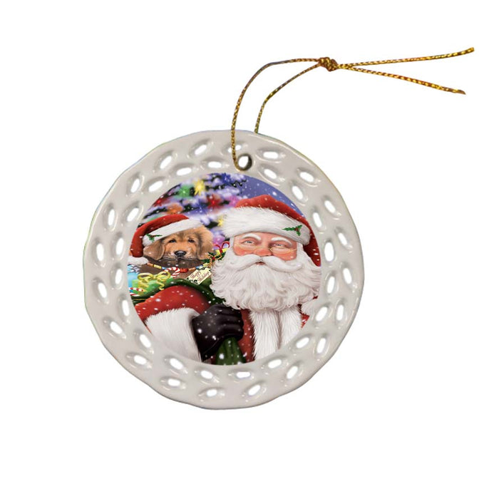 Santa Carrying Tibetan Mastiff Dog and Christmas Presents Ceramic Doily Ornament DPOR55897