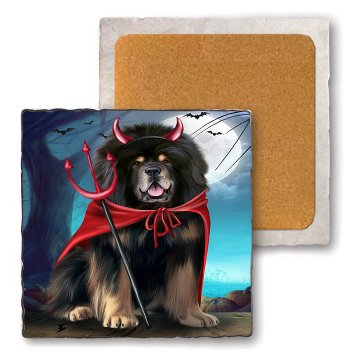 Happy Halloween Trick or Treat Tibetan Mastiff Dog Set of 4 Natural Stone Marble Tile Coasters MCST49536