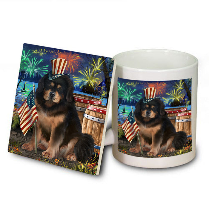 4th of July Independence Day Firework Tibetan Mastiff Dog Mug and Coaster Set MUC54083