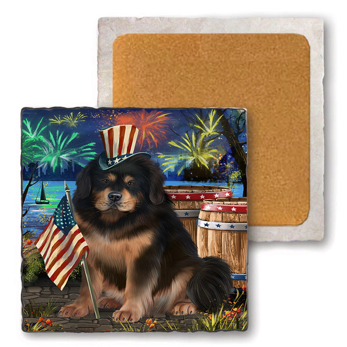 4th of July Independence Day Firework Tibetan Mastiff Dog Set of 4 Natural Stone Marble Tile Coasters MCST49091