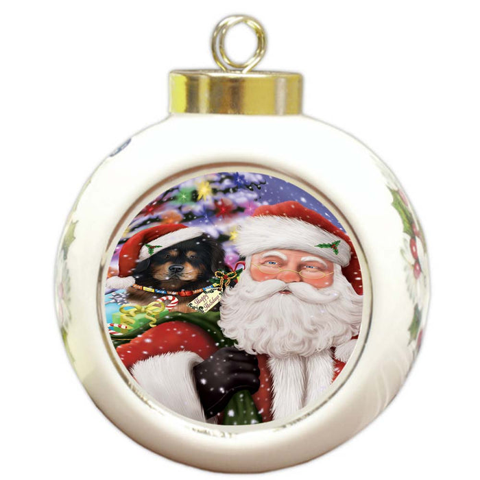 Santa Carrying Tibetan Mastiff Dog and Christmas Presents Round Ball Christmas Ornament RBPOR55898