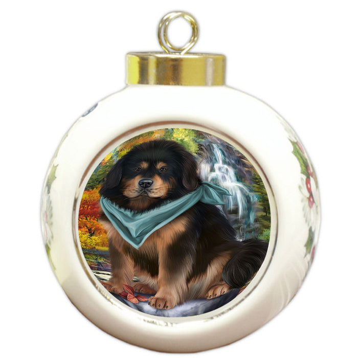 Scenic Waterfall Tibetan Mastiff Dog Round Ball Christmas Ornament RBPOR54823