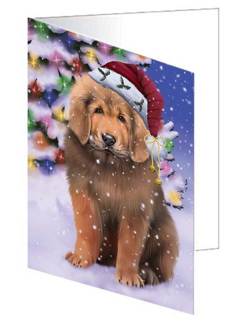 Winterland Wonderland Tibetan Mastiff Dog In Christmas Holiday Scenic Background Handmade Artwork Assorted Pets Greeting Cards and Note Cards with Envelopes for All Occasions and Holiday Seasons GCD71729