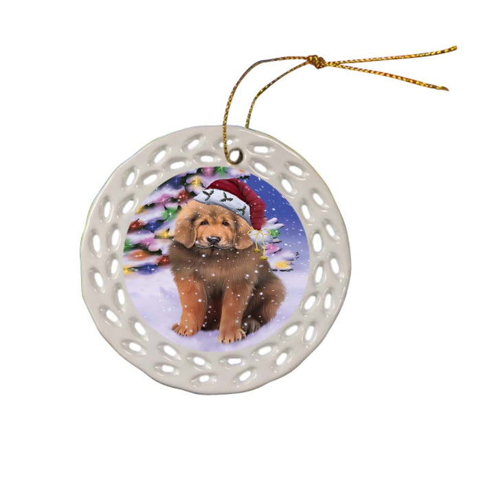 Winterland Wonderland Tibetan Mastiff Dog In Christmas Holiday Scenic Background Ceramic Doily Ornament DPOR56094