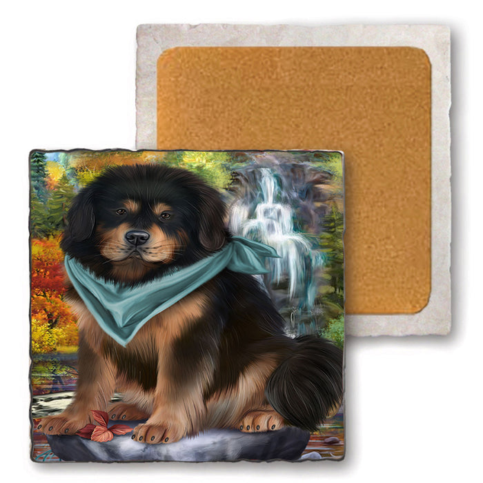 Scenic Waterfall Tibetan Mastiff Dog Set of 4 Natural Stone Marble Tile Coasters MCST49695