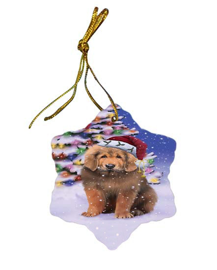 Winterland Wonderland Tibetan Mastiff Dog In Christmas Holiday Scenic Background Star Porcelain Ornament SPOR56094