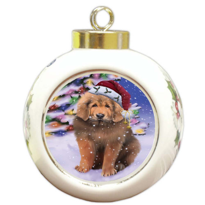 Winterland Wonderland Tibetan Mastiff Dog In Christmas Holiday Scenic Background Round Ball Christmas Ornament RBPOR56094