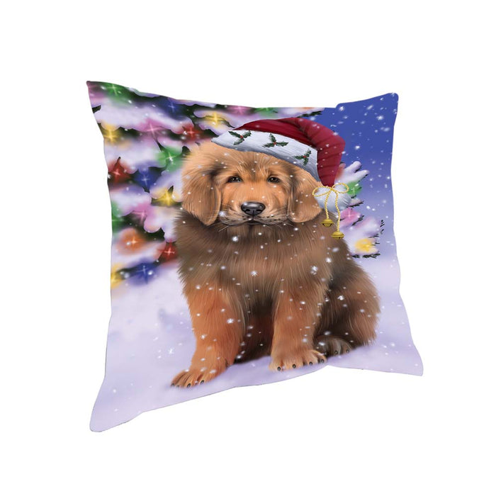 Winterland Wonderland Tibetan Mastiff Dog In Christmas Holiday Scenic Background Pillow PIL71880