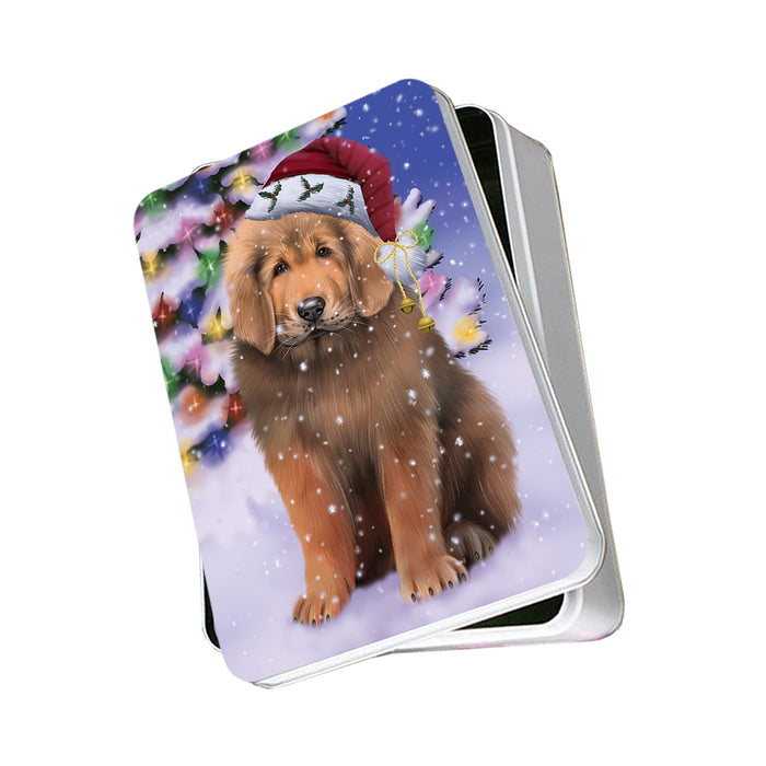 Winterland Wonderland Tibetan Mastiff Dog In Christmas Holiday Scenic Background Photo Storage Tin PITN55681