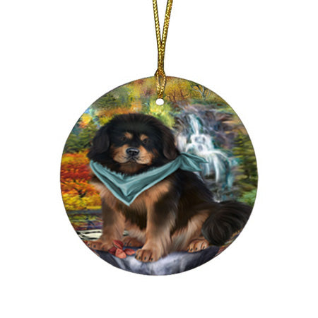 Scenic Waterfall Tibetan Mastiff Dog Round Flat Christmas Ornament RFPOR54814