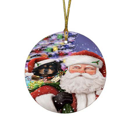 Santa Carrying Tibetan Mastiff Dog and Christmas Presents Round Flat Christmas Ornament RFPOR55898