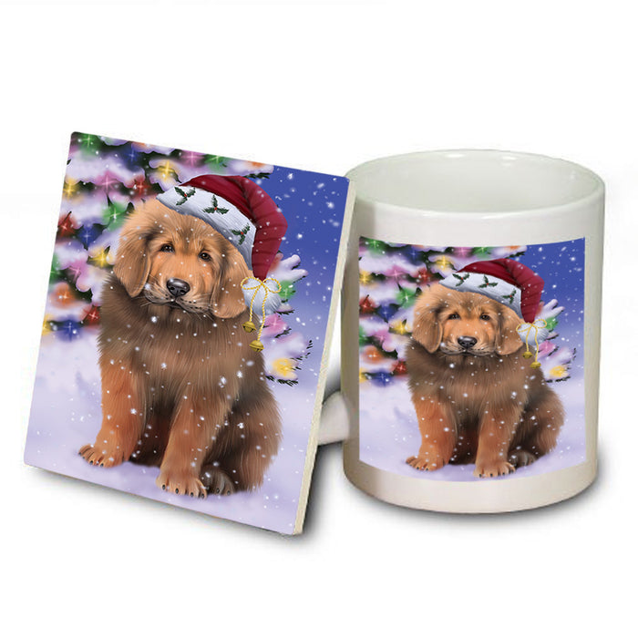 Winterland Wonderland Tibetan Mastiff Dog In Christmas Holiday Scenic Background Mug and Coaster Set MUC55730